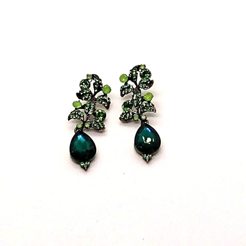 Statement post rhinestone earrings, teardrop, green